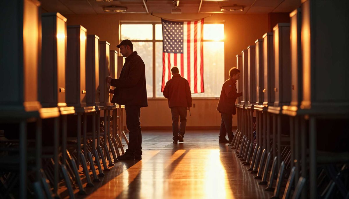 Voters at ballot boxes in a dimply lit room with the sun setting through a window with an American flag