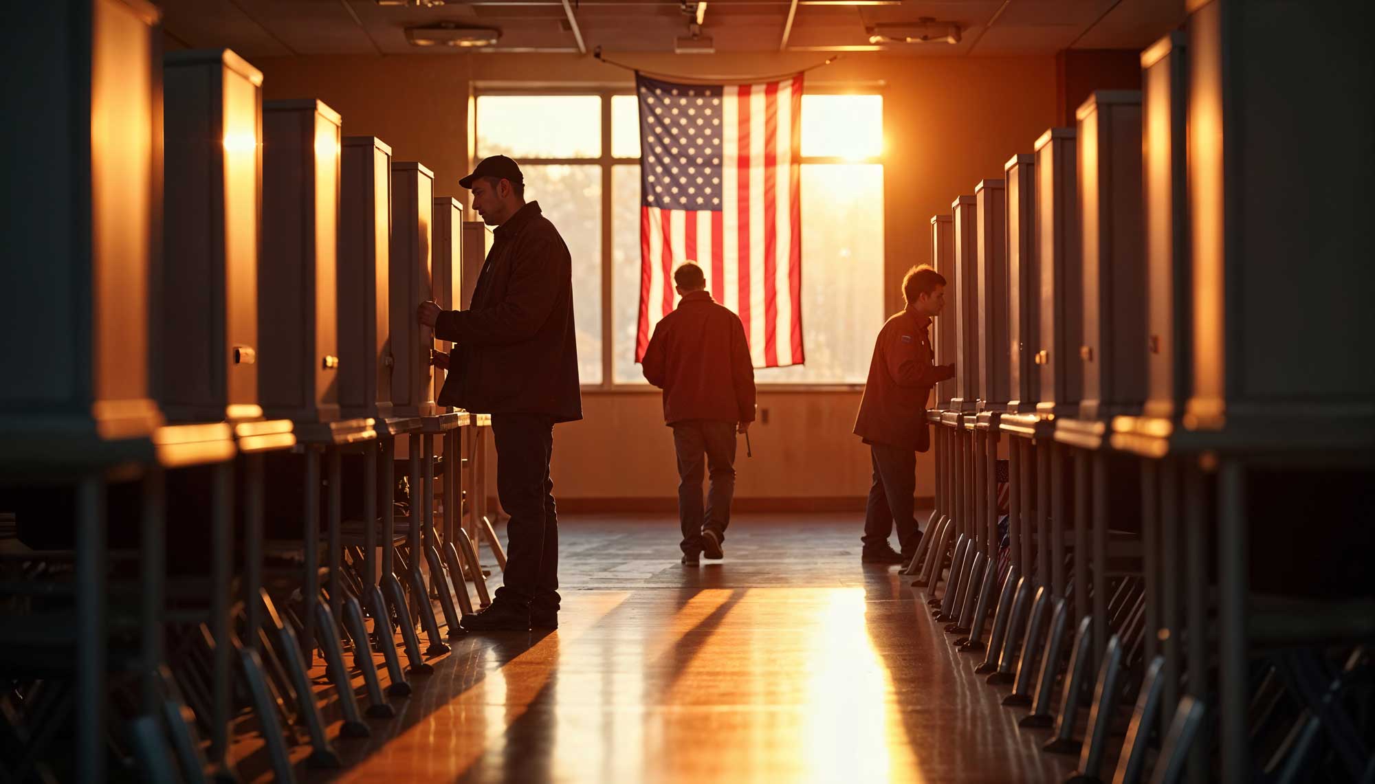 Voters at ballot boxes in a dimply lit room with the sun setting through a window with an American flag