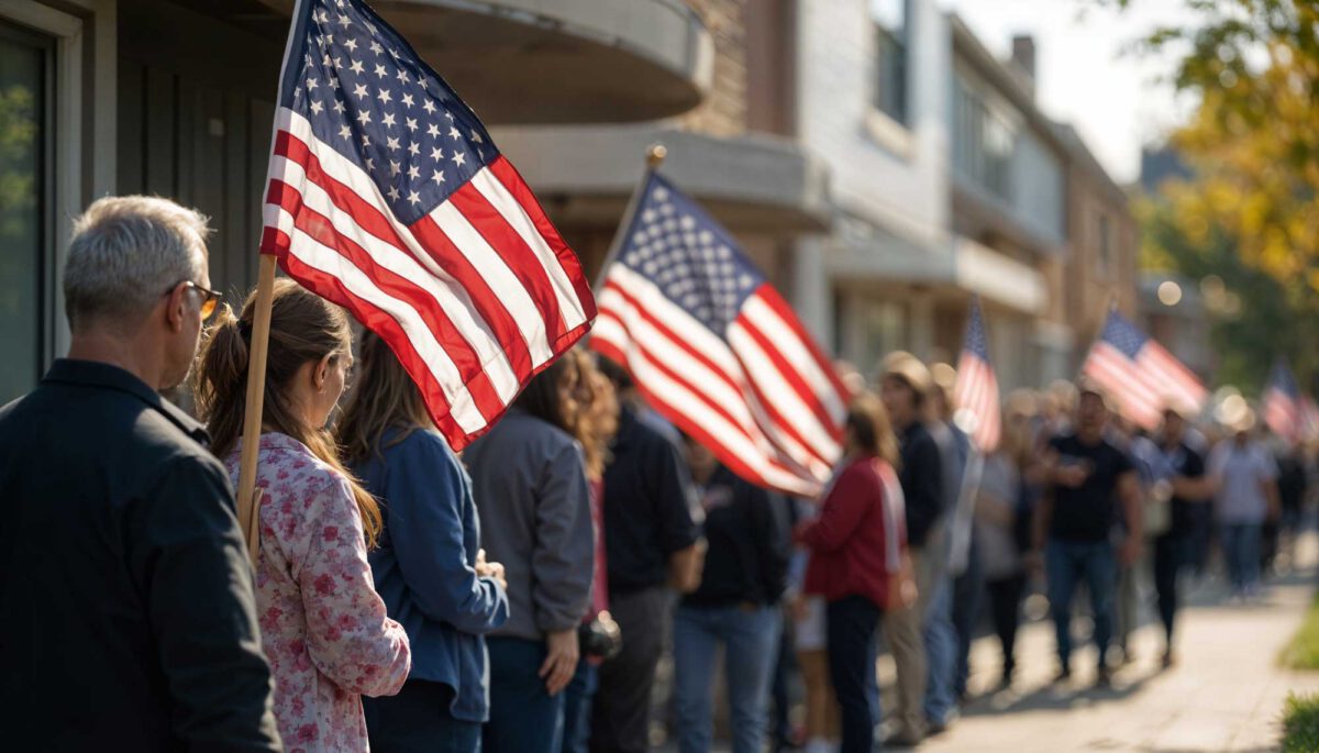 Voters waiting in line outside a building, interspersed with American flags